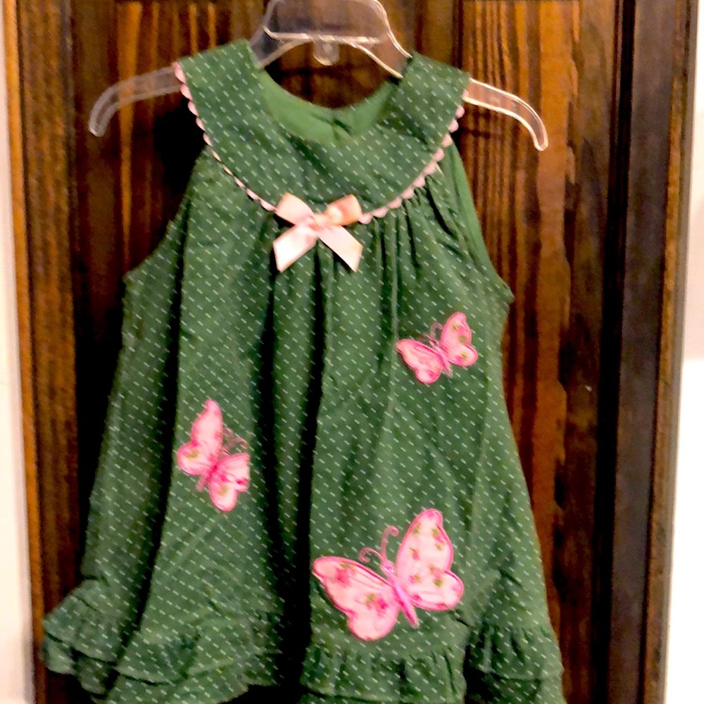 Green Corduroy Rare Editions dress with pink butterflies